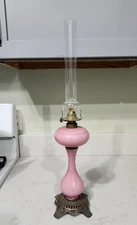 Antique Pink Overlay Glass Miniature Banquet Oil Lamp 