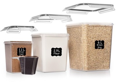 Shazo Flour Sugar Storage Containers Set of 3 (6L, 6L / 2.9L / 1.1L, Black