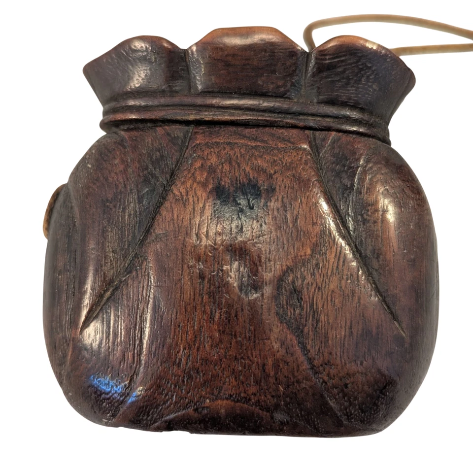Antique Japanese Sagemono Set Lucky Bag Wooden Tonkotsu Stone Ojime Wood Netsuke - Image 2 of 4