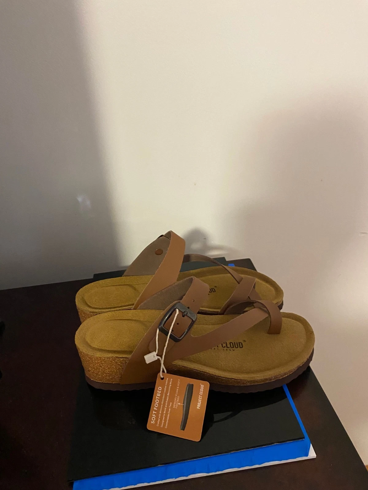 NEW WOMEN'S SIZE 7 PROJECT CLOUD BAILEY WEDGE SANDALS-LEATHER-CORK COMFORT-TAN