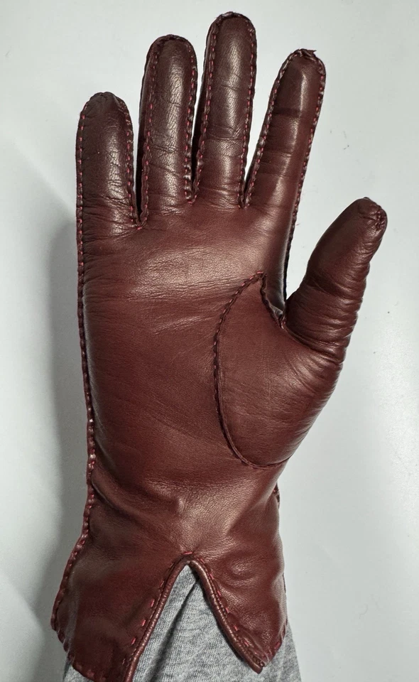 Guantes de Cuero COACH Borgoña Forrados de Seda Conducción 3 Puntos Hechos en Italia Talla 7 Foto 3 de 4