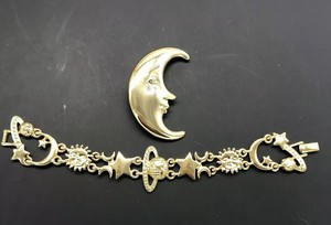 Vintage-AJC-Goldtone-Moon-Celestial-Pin-Brooch-Bracelet-Set