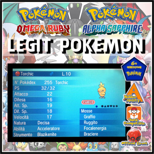 6 GEN Legit Pokemon • 2013 EVENT Torchic @ Blazikenite 6IV Speed Boost ID 10123 - Foto 1 di 1