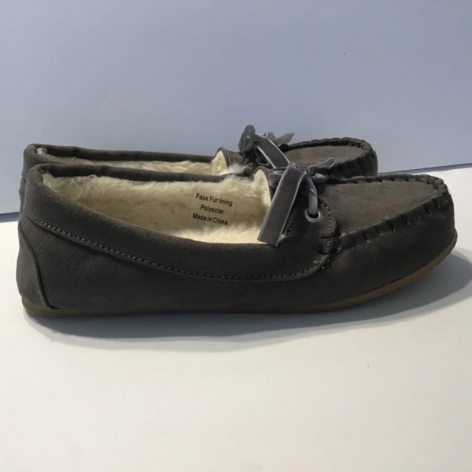 Mujer 6 Gris Casa Zapatos Mocasines Imitación Sherpa Zapatillas Punto Latido Abuela Foto 4 de 4