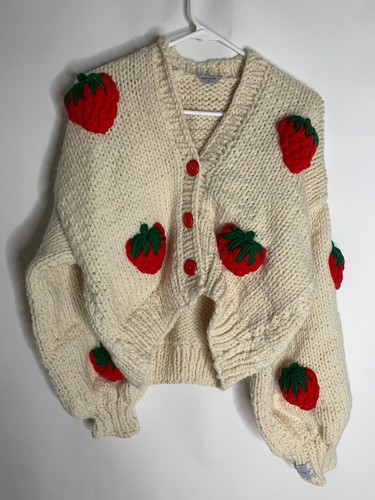 Myracle Womens M Ivory Knit Strawberry Cardigan Sweater Hand Made Bishop Sleeve | eBay