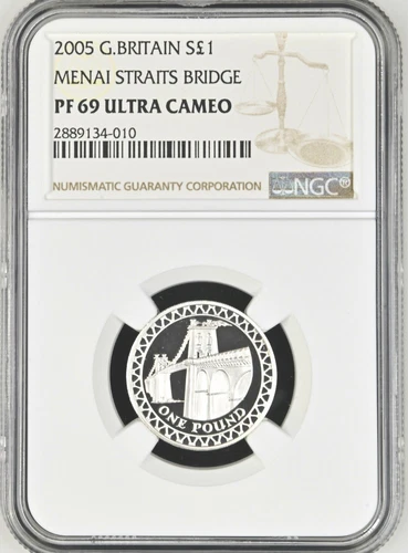 (TOP POP) 2005 Great Britain Silver £1 Menai Straits Bridge Proof NGC PF 69