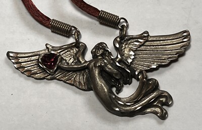 Vintage EGE 1994 Pewter Angel Necklace w/Purple Rhinestone Heart Valentine