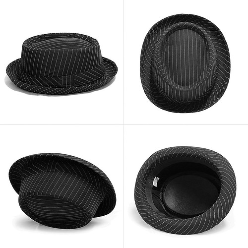 Men's Classic Stripe Pork Pie Fedora Hat Flat Top Bowler Panama Trilby Jazz Cap - Picture 9 of 13