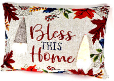 Gnome Figure Needlepoint Throw Pillow Bless This Home Bearded Leaves 16X11X4"