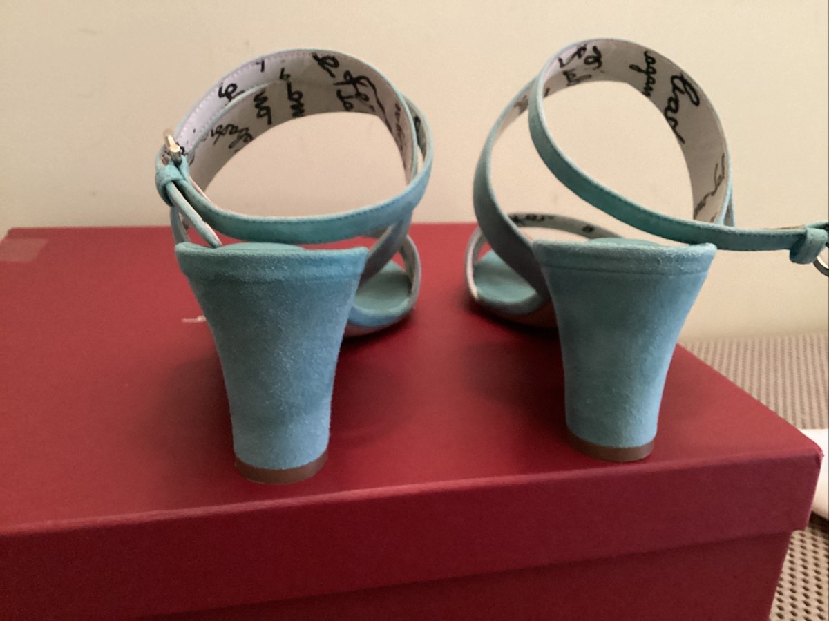 SALVATORE FERRAGAMO SHEENA Suede Blue Heel Slingback Sandals