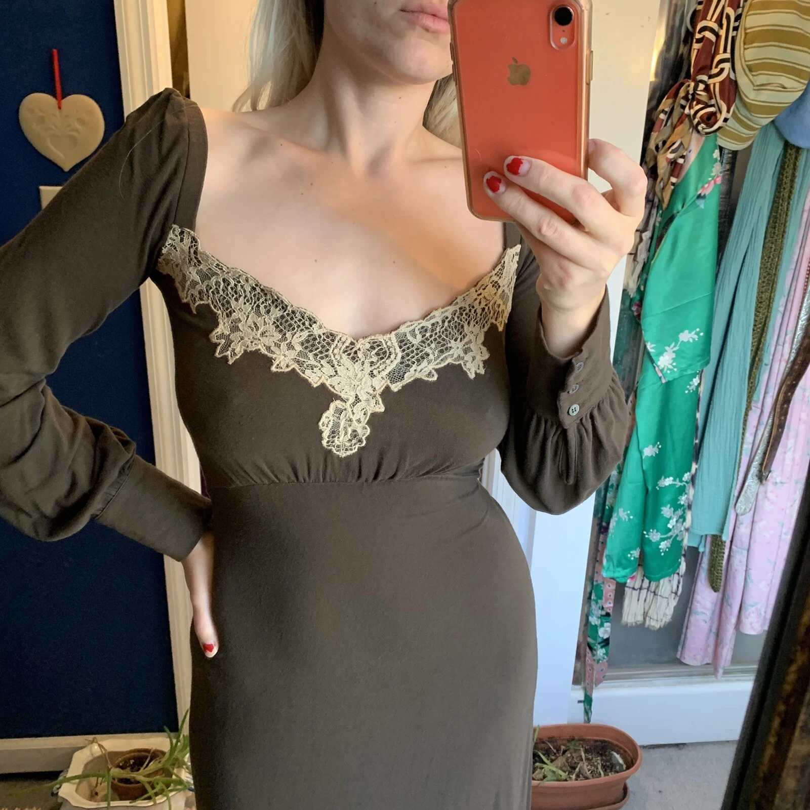 Abito VALENTINO marrone jersey pizzo 42 IT 6 US manica a palloncino