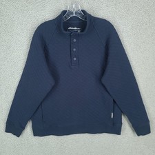 Eddie Bauer Sweater Mens Large Quilted Blue 1/4 Snap Mock Pockets