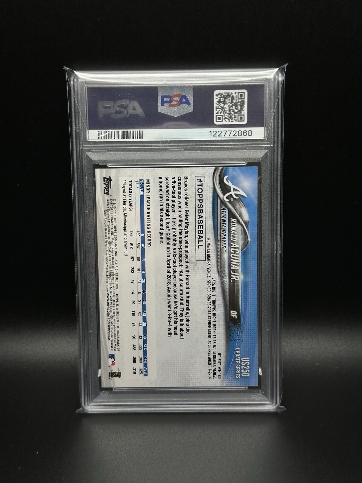 RONALD ACUNA JR 2018 TOPPS UPDATE BATTING SSP VARIATION WHITE JERSEY PSA US250 view 2
