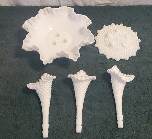 Vtg Fenton Milk Glass Hobnail Epergne 3 Horn Trumpet Bowl w/Original Price Label