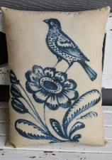 Primitive antique crock stamp bee sting jug indigo blue pillow pottery bird