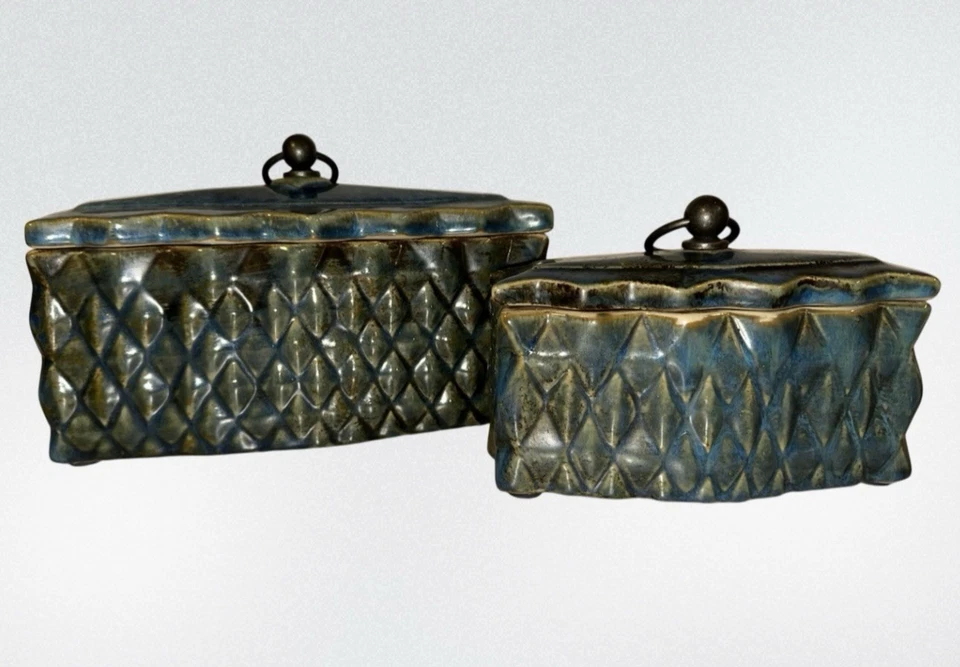 Uttermost Neelab Decorative Ceramic Iron Blue Caramel Lidded Boxes Set Of 2 - Image 2 of 4