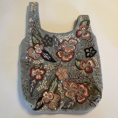 Zara Women s Purse Embroidered Embellished Beads Pale Blue Velvet Florals Boho
