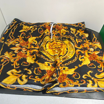 Men s Swim Shorts Baroque Lion Print Drawstring Elastic Waist Black/Gold 5XL