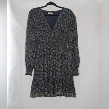 Max Studio Dress Medium Navy Blue Yellow Smocked Floral Puff Long Sleeve V Neck