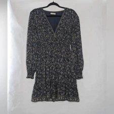 Max Studio Dress Medium Navy Blue Yellow Smocked Floral Puff Long Sleeve V Neck