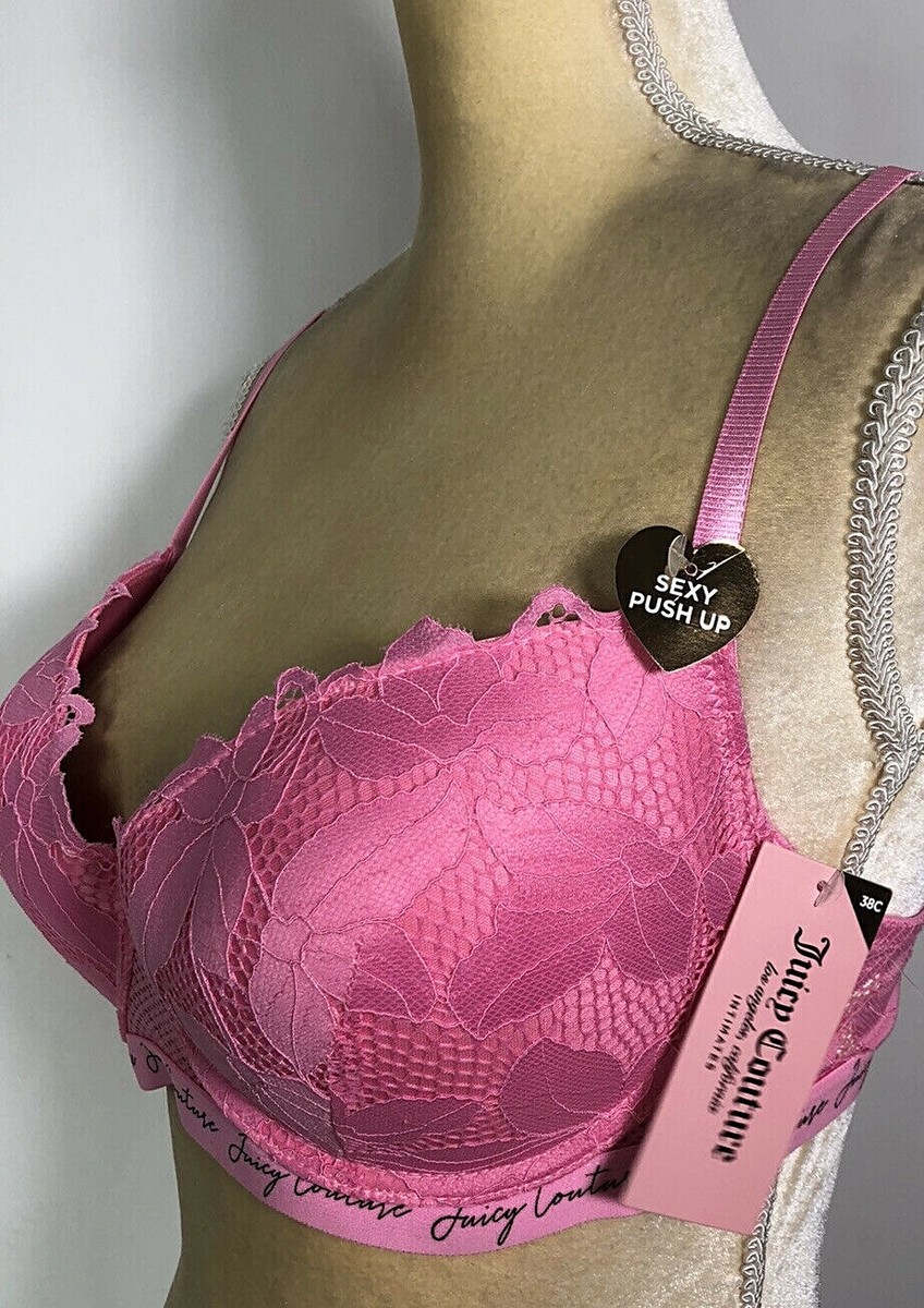 Juicy Couture Bra 38C Intimates Push-Up Wired Pink Lace Logo New