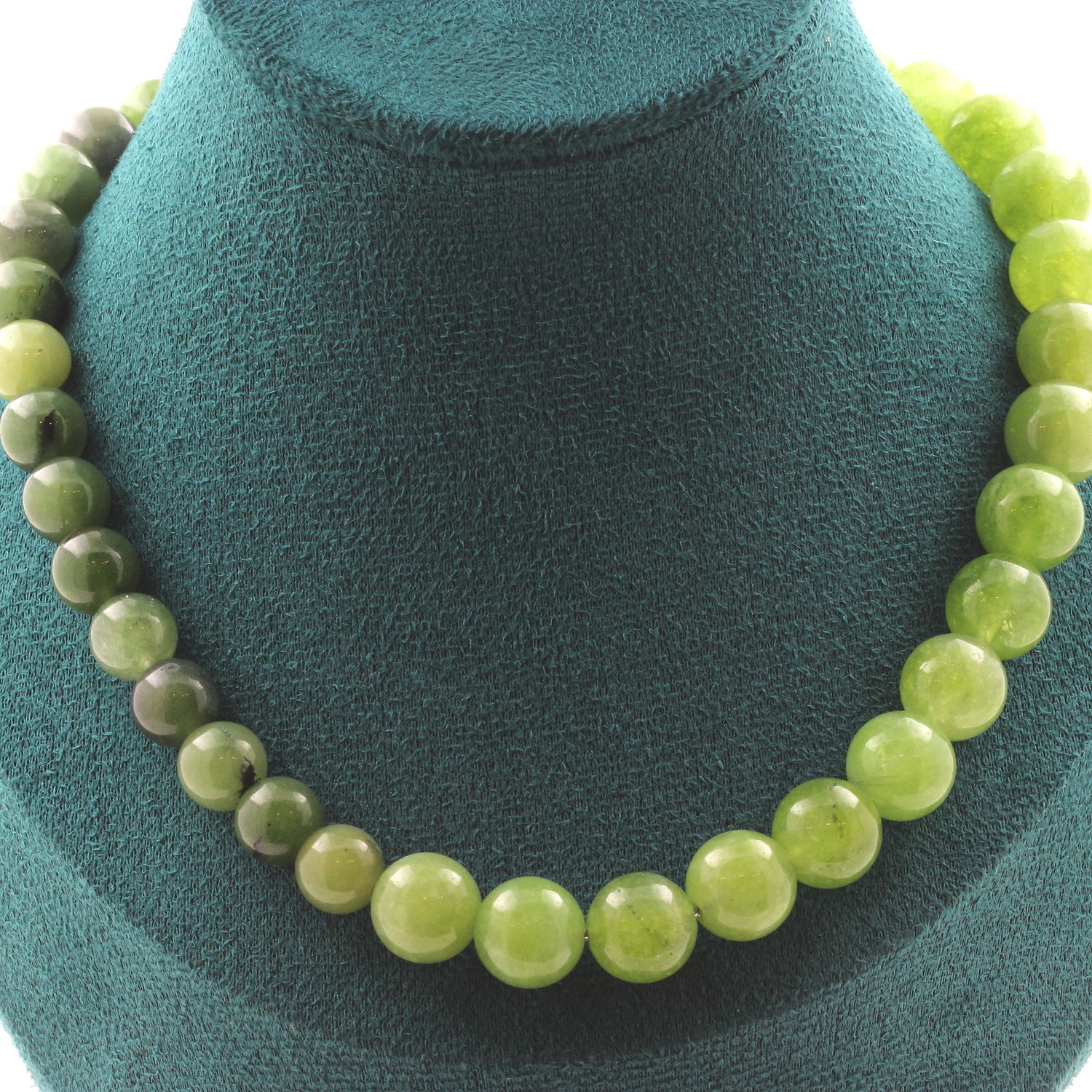 Collier perles Péridot 10 mm + Jade contre le stress, chaine acier hypoallergénique