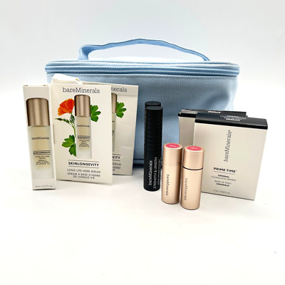 bareMinerals Blue Bag with 8X Skinlongevity Mascara Lipstick Prime Time Samples