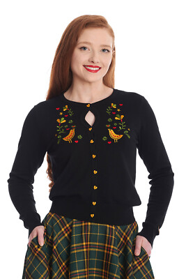 Banned Strickjacke Heritage Birdy Cardigan Schwarz Vintage Rockabilly Vögel 50er
