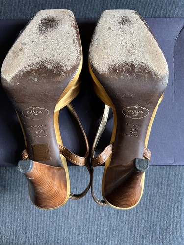 Sandalo Vintage Prada 10,5/40,5 Oro Marrone Calzatura Donna Raso Vitello Ocra 1K8371 - Foto 4 di 7