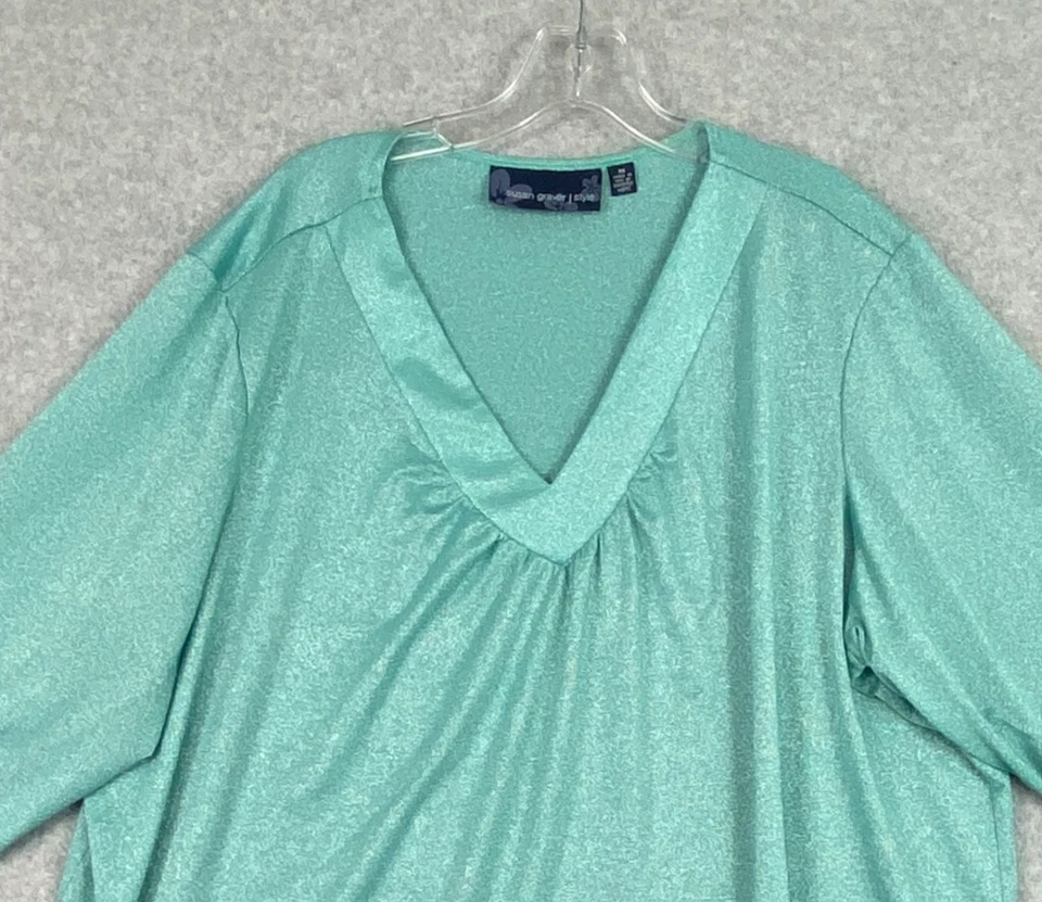 Blusa de punto Susan Graver Top para mujer talla 3X verde metálico cuello en V manga 3/4 Foto 2 de 4