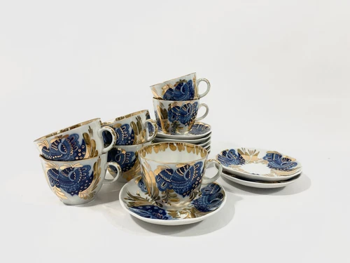 7x Lomonosov Golden Garden USSR Imperial Porcelain Coffee Cups & Saucers