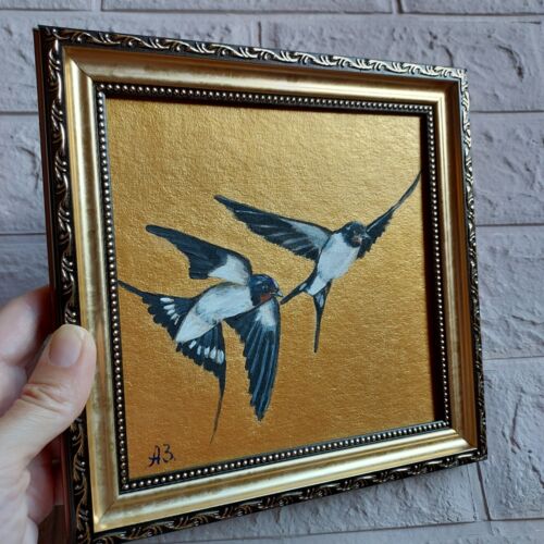 Swallow Bird painting Couple of swallows Art Gold Framed Fly Bird Artwork - Picture 8 of 12