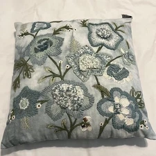 Blue Embroidered Flowers Accent Pillow New With Tags 18 “ X 18” Zippered