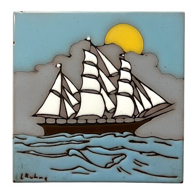 VTG Earthtones Leone Kuhne Ceramic Tile Wall Art Trivet Ship Sailing Ocean 6x6