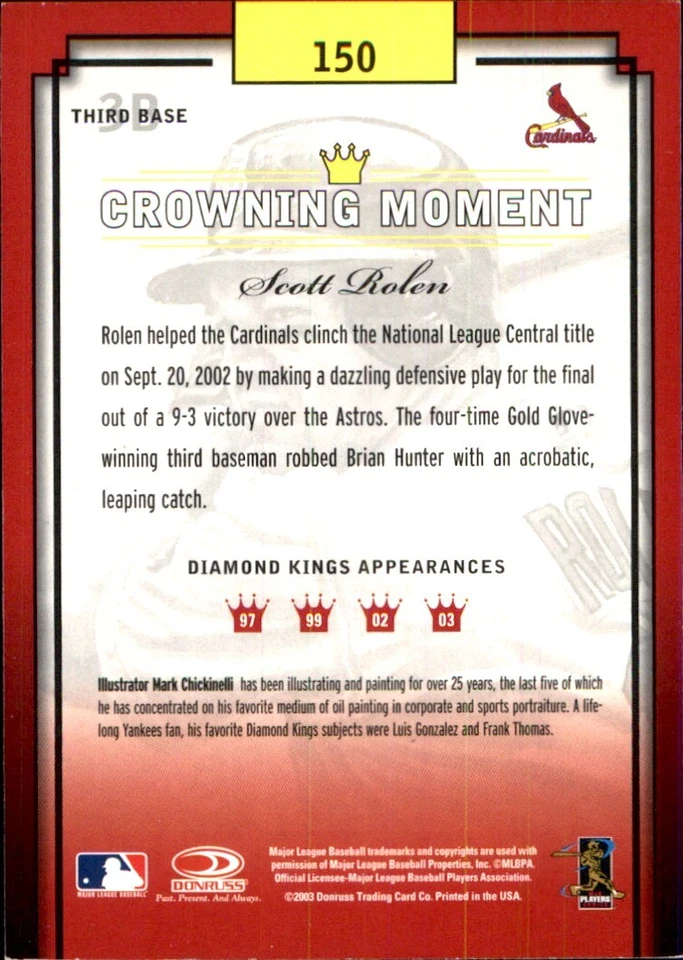 2003 Donruss бриллиант королей #150 Скотт Ролен HOF ST. LOUIS CARDINALS - Изображение 2 из 2