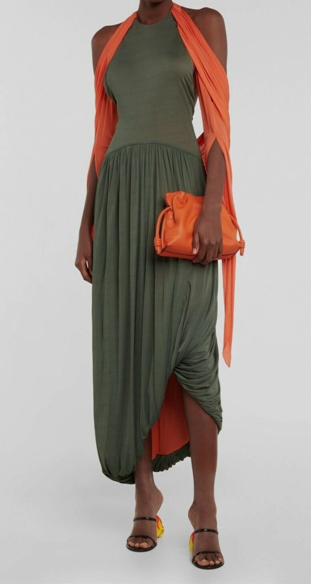 loewe orange dress $4600 LOEWE Women Green Orange Draped Halterneck Midi Dress Size 36