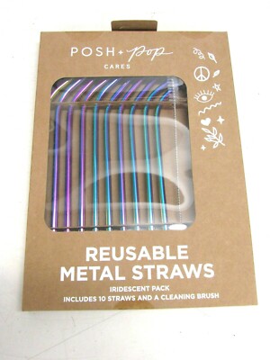 NEW! POSH+POP 10-pack STAINLESS REUSABLE METAL STRAWS, BENT TIPS, IRIDESCENT