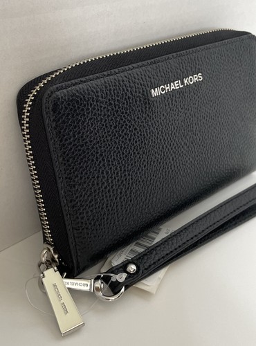 Michael Kors Jet Set Travel Large Flat MF PHN CASE LEATHER Wristlet Wallet Black - Picture 3 of 11