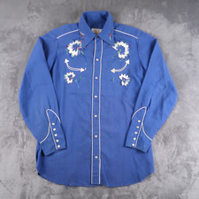 Vintage 60s Embroidered Western Rockabilly M Shirt H Bar C Pearl Snaps Gabardine