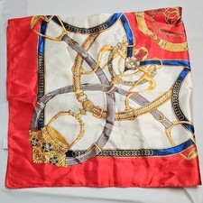 Women's Square Red Cream Gold Silky Chain Equestrian Classic Print Scarf NWOT