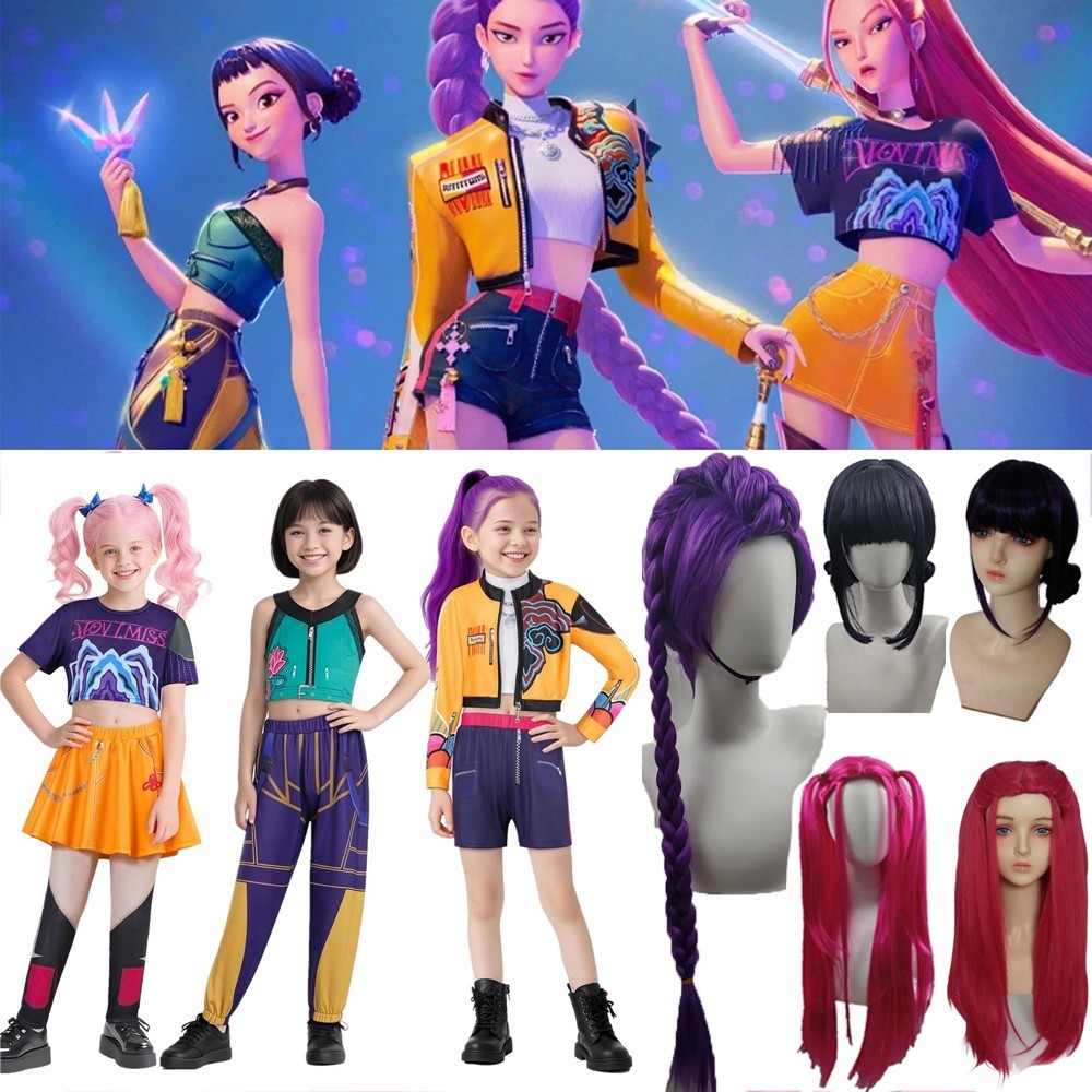 Niños Niñas KPop Cazadores de Demonios Juegos con disfraces Rumi Mira Disfraz Vestido Elegante Pelucas Trajes
