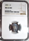 NGC MS-63 BN 1892 Indian Head Cent, Beautifully Toned, PQ specimen.