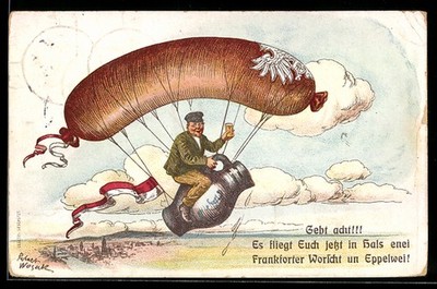 AK Frankfurt, Mann mit Bierglas auf einem Krug, Ballon als Bockwurst 1909 