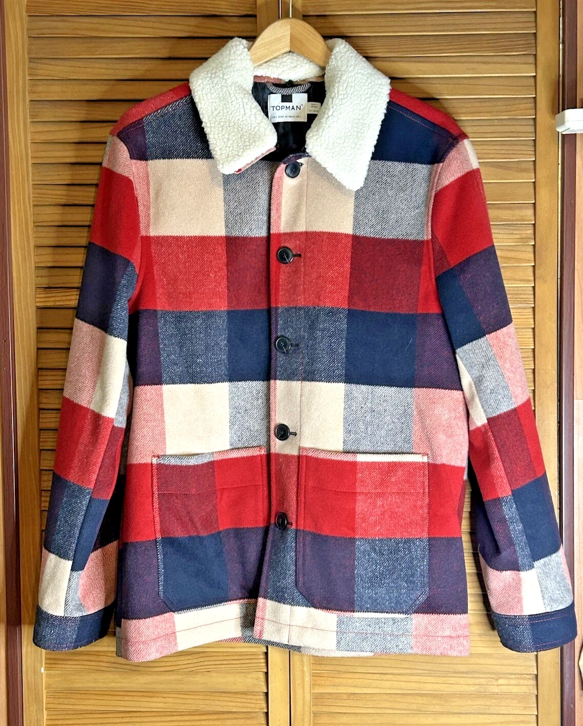 Topman Check Plaid Coat Jacket Red Borg Collar Size L