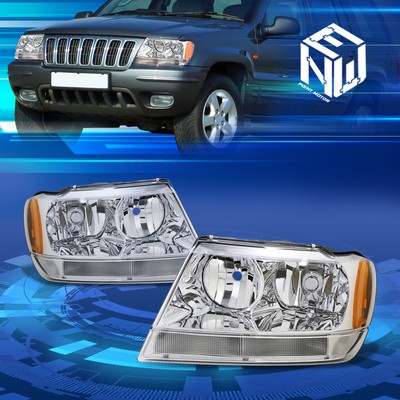 For 99-04 Jeep Grand Cherokee WJ Chrome/Amber Corner Headlight Lamps Replacement