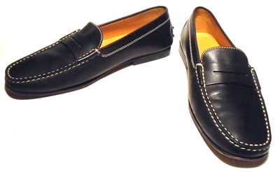 Men's TOD'S Black LEATHER LOAFERS/Shoes WHITE STITCHING Rubber Heels  7.5UK- 9US