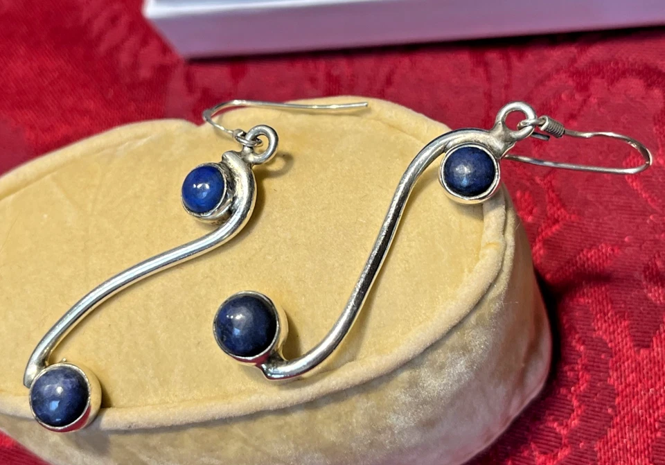Pendientes largos vintage de plata de ley 925 en forma de S 2 piedras de lapislázuli 2 1/4"D Foto 2 de 4