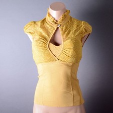 Yellow Evening Womens Lace Ruffle Victorian Gothic Steampunk Shirt Top Blouse