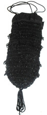 Victorian Mourning Black Glass tiny Bead Beggars Bag Drawstring Evening Purse