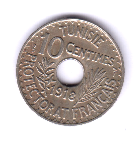 TUNISIA TUNISIE تونس‎ (francese) 10 centesimi 1918, quasi grado BU (tun407) - Foto 1 di 2
